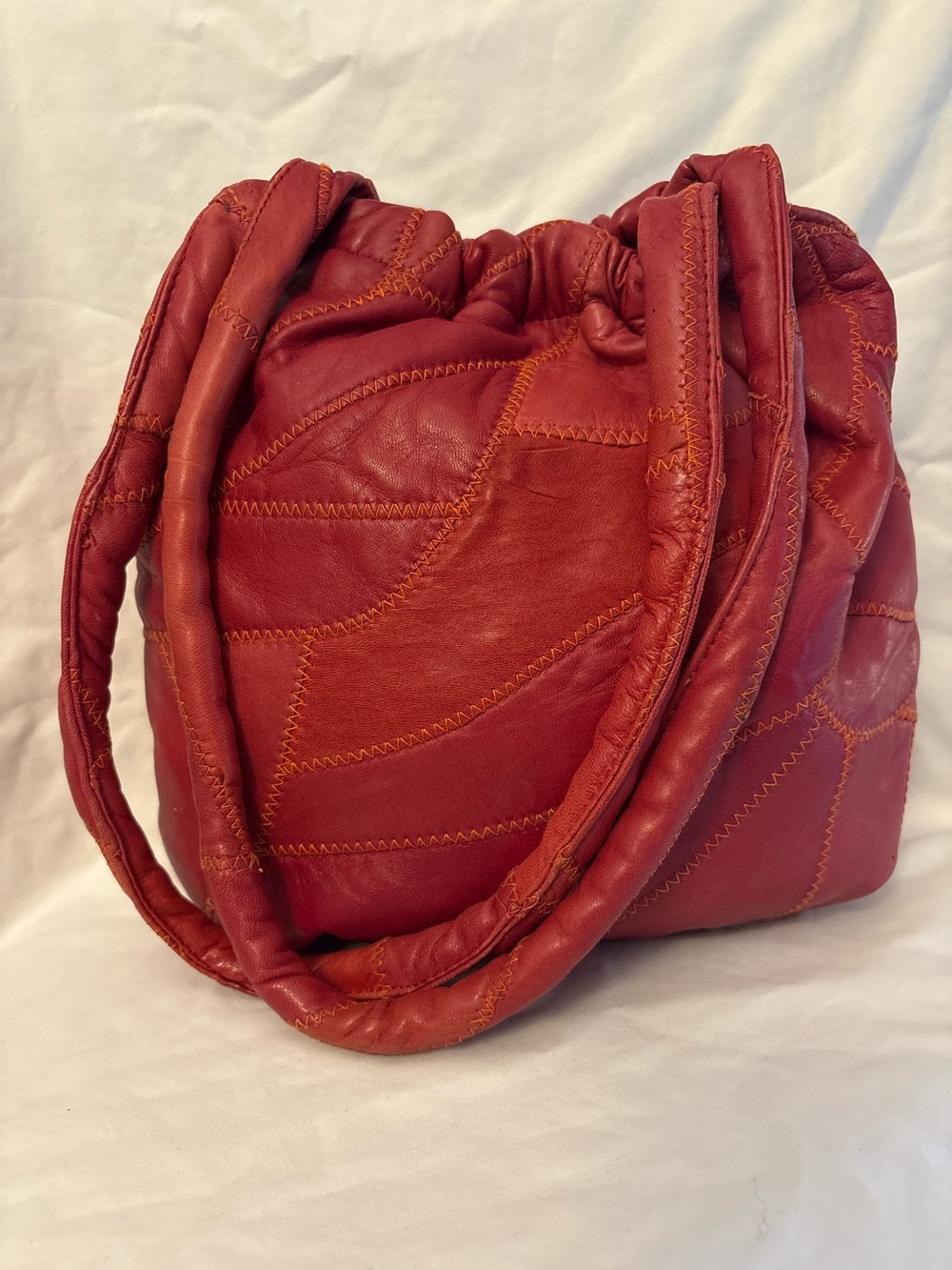Vintage Genuine Leather Patchwork Slouch Tote Bag Boho Red Shoulder Purse